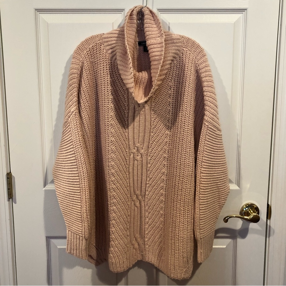 Land’s End pink, cowl neck knit sweater.